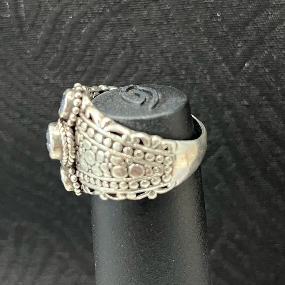Sarda Sterling Silver Ring with 3 celestial blue Moissanite stones, size 10